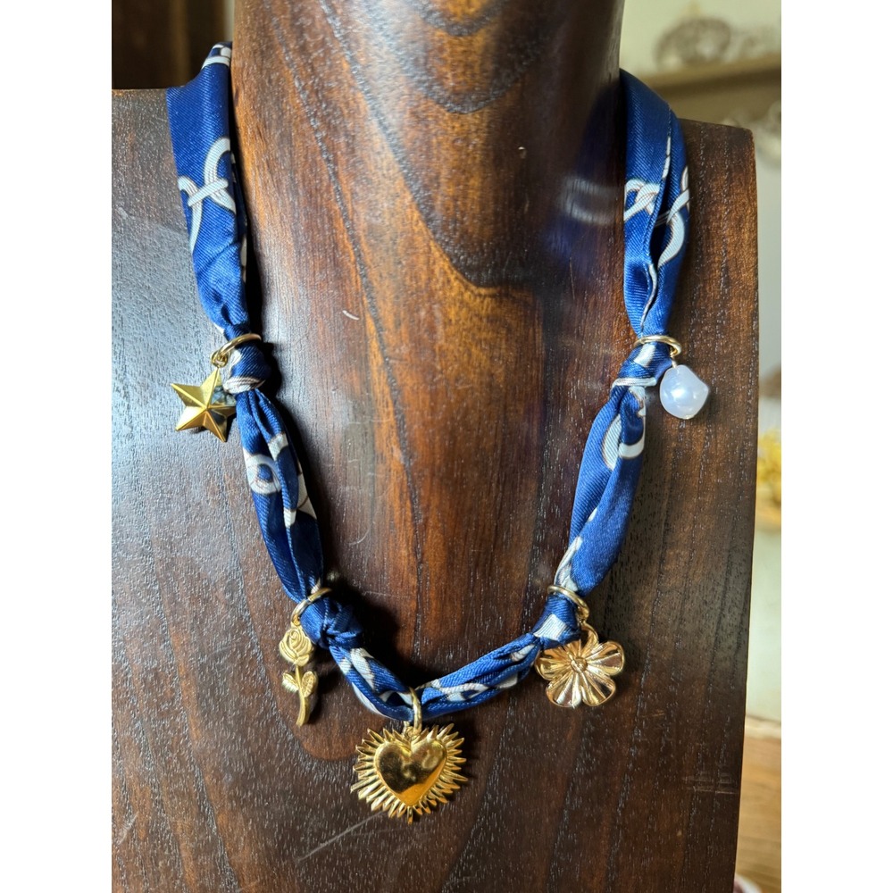 Blue Scarf Necklace Gold‎ Charms Heart Star Rose Flower Adjustable Jewelry NWT